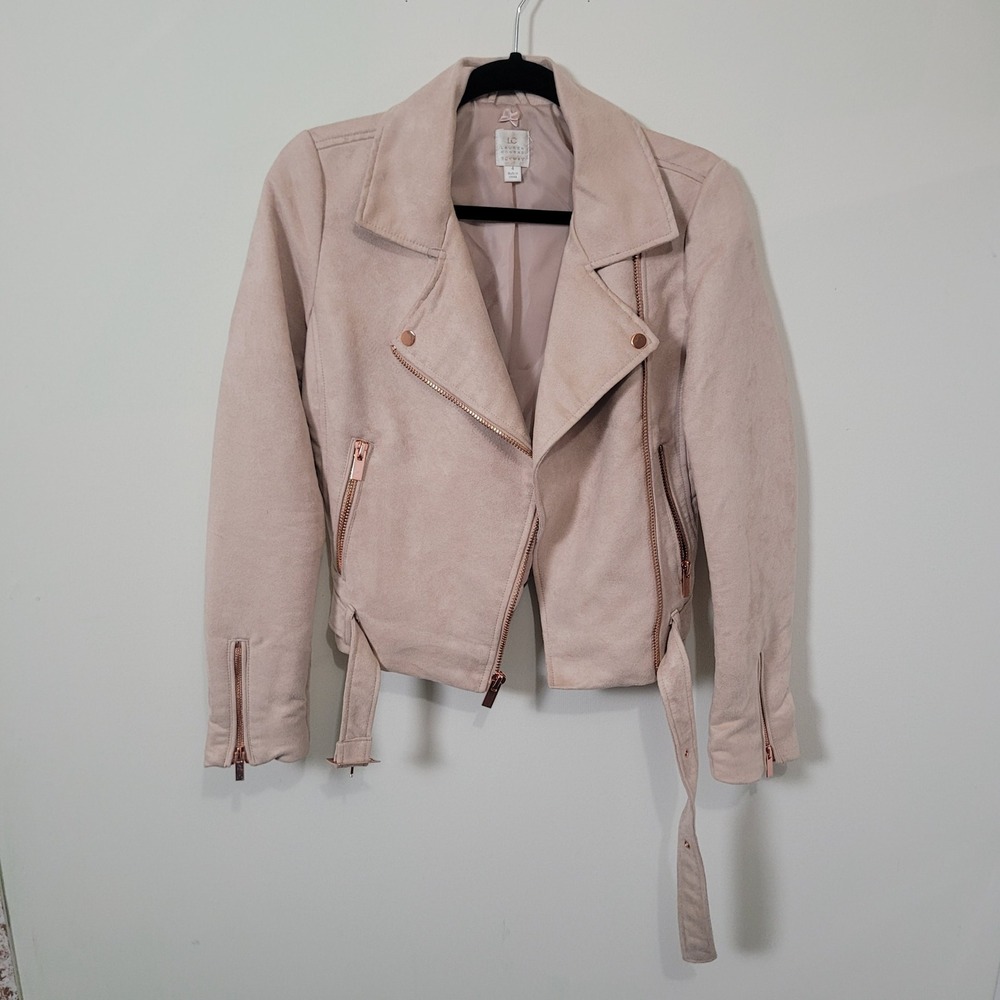 LC Lauren Conrad 4 Faux Suede Moto Jacket Womens Blush Pink Rose Gold Runway